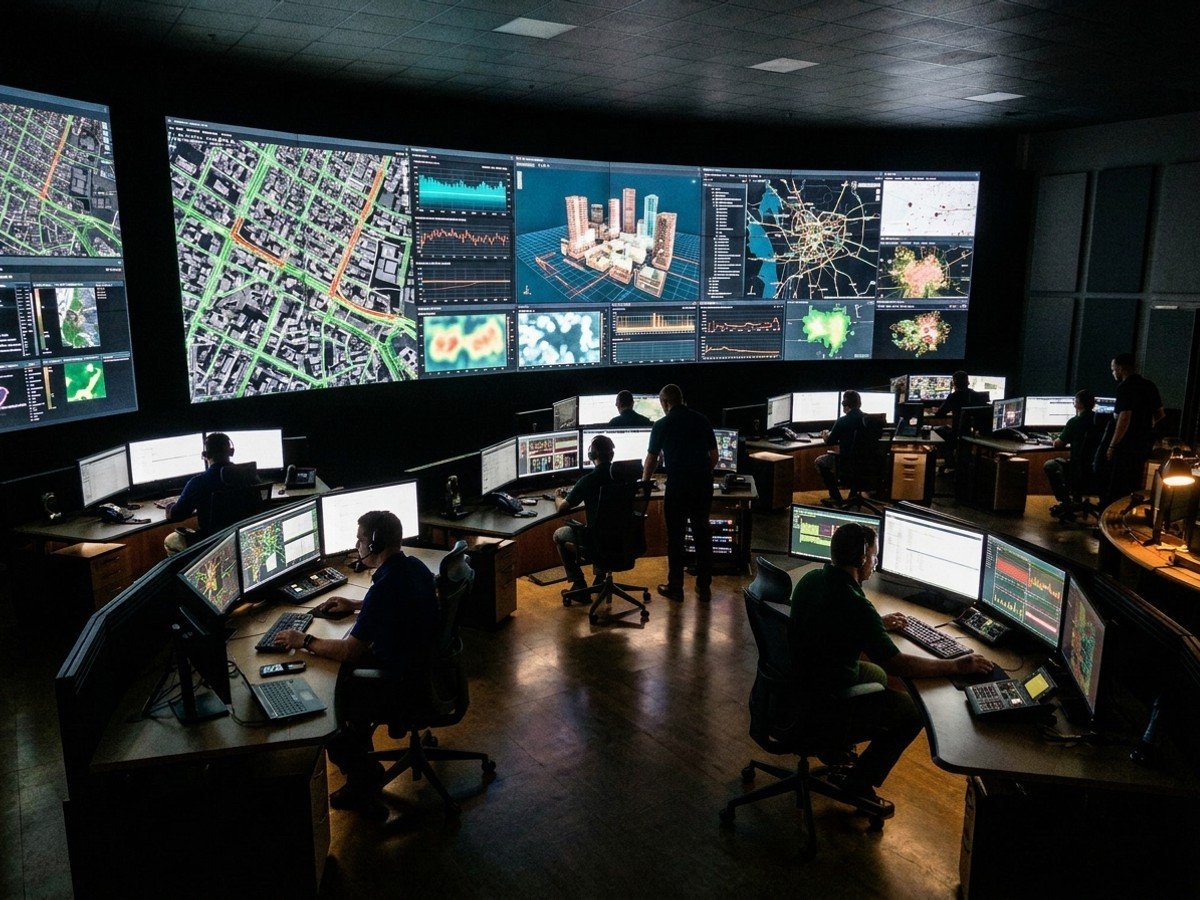 Centro de control y mando urbano con pantalla panorámica de mapas inteligentes