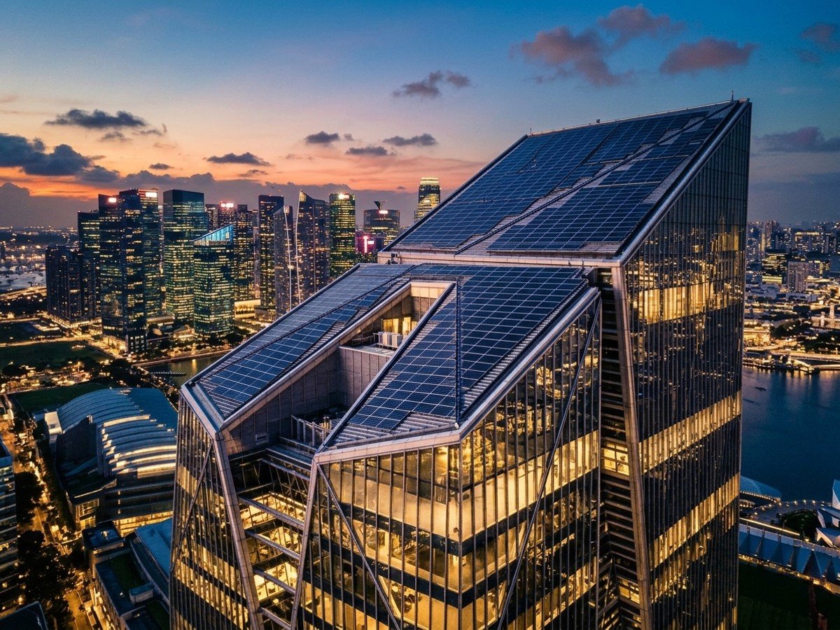 Edificio futurista con tejados solares fotovoltaicos y arquitectura bioclimática