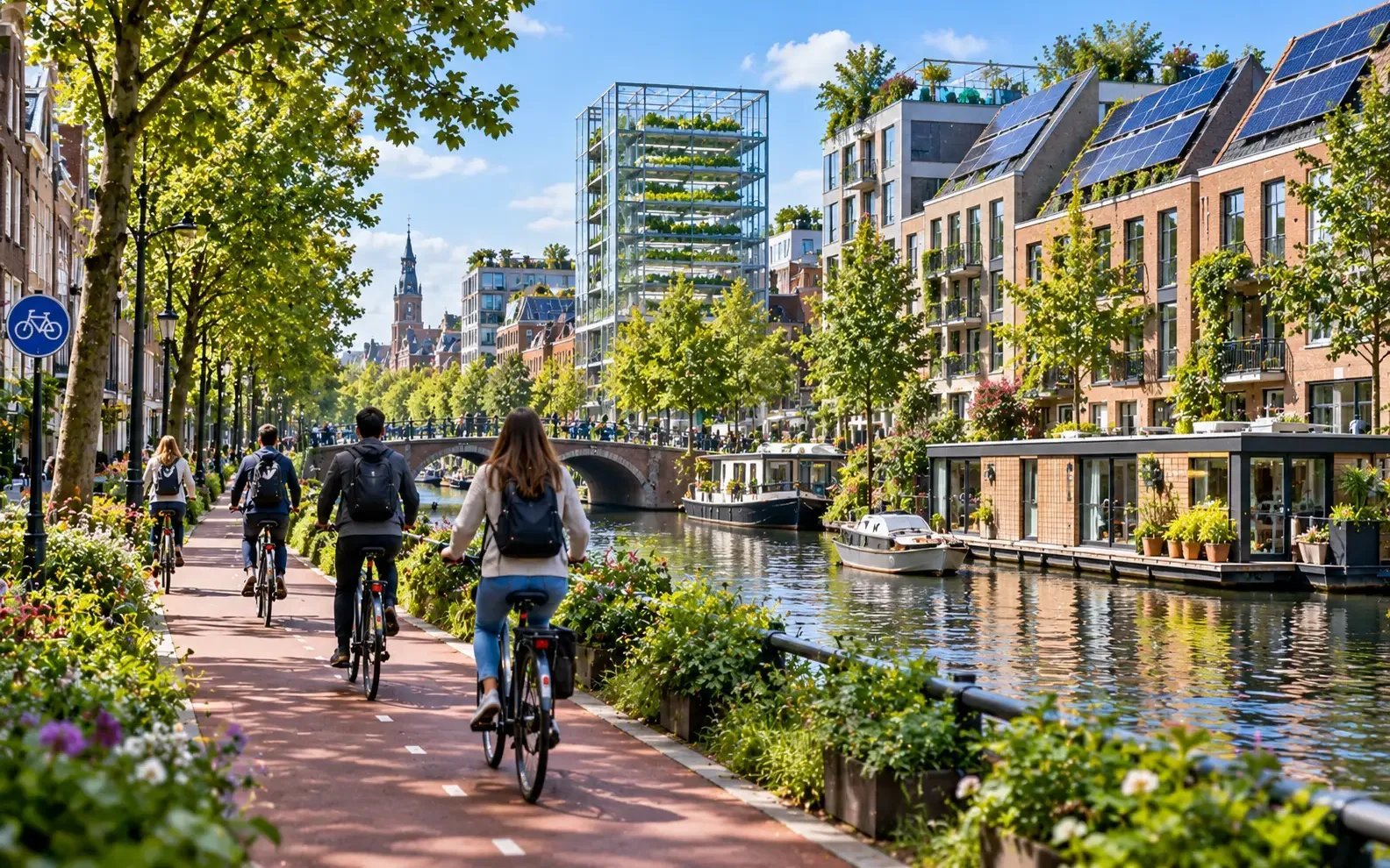 Ciclistas en ciclovía junto a un canal en Ámsterdam con viviendas sostenibles y granja vertical