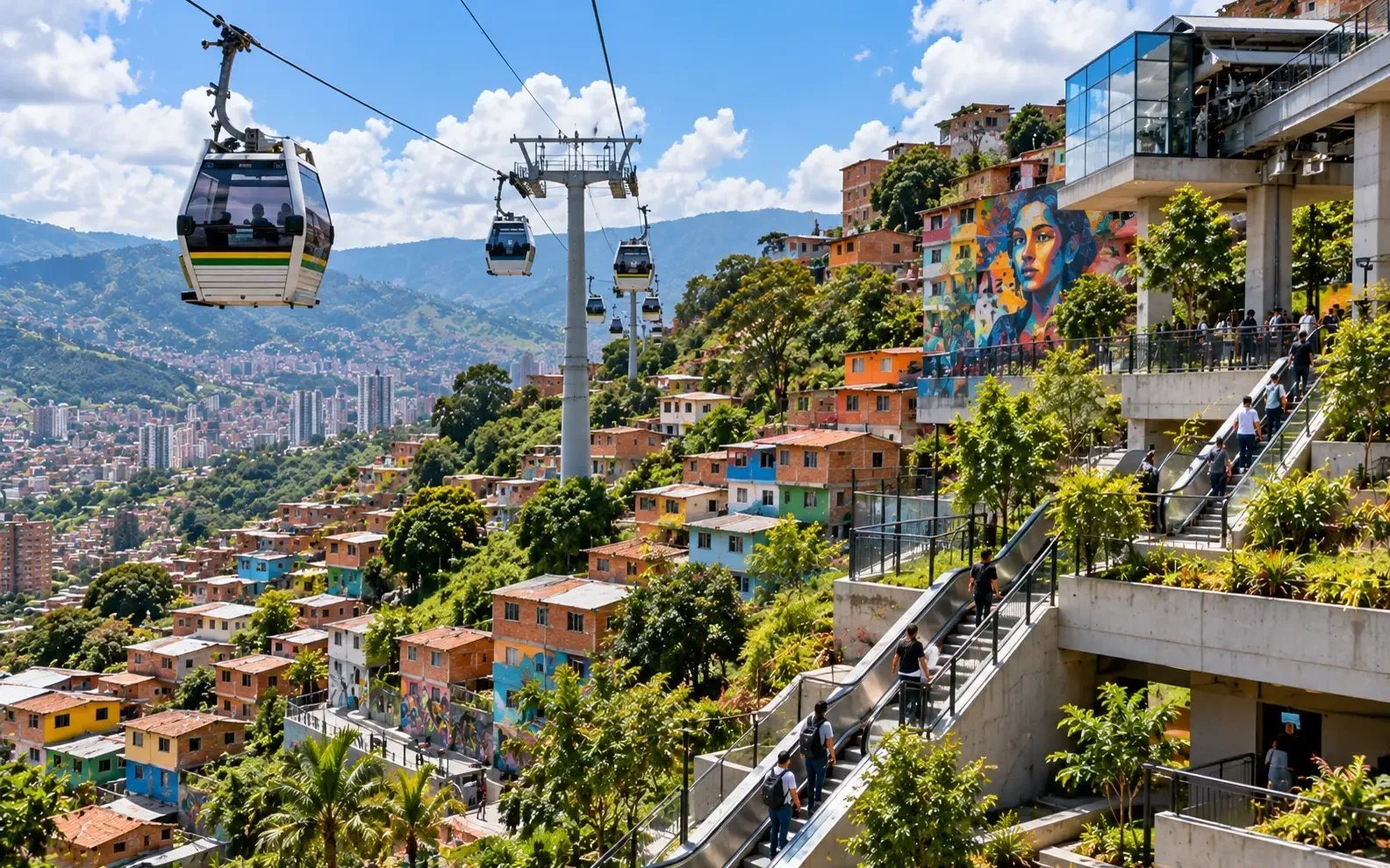 Cabinas del Metrocable sobre comunas de colores en la ladera de Medellín con murales
