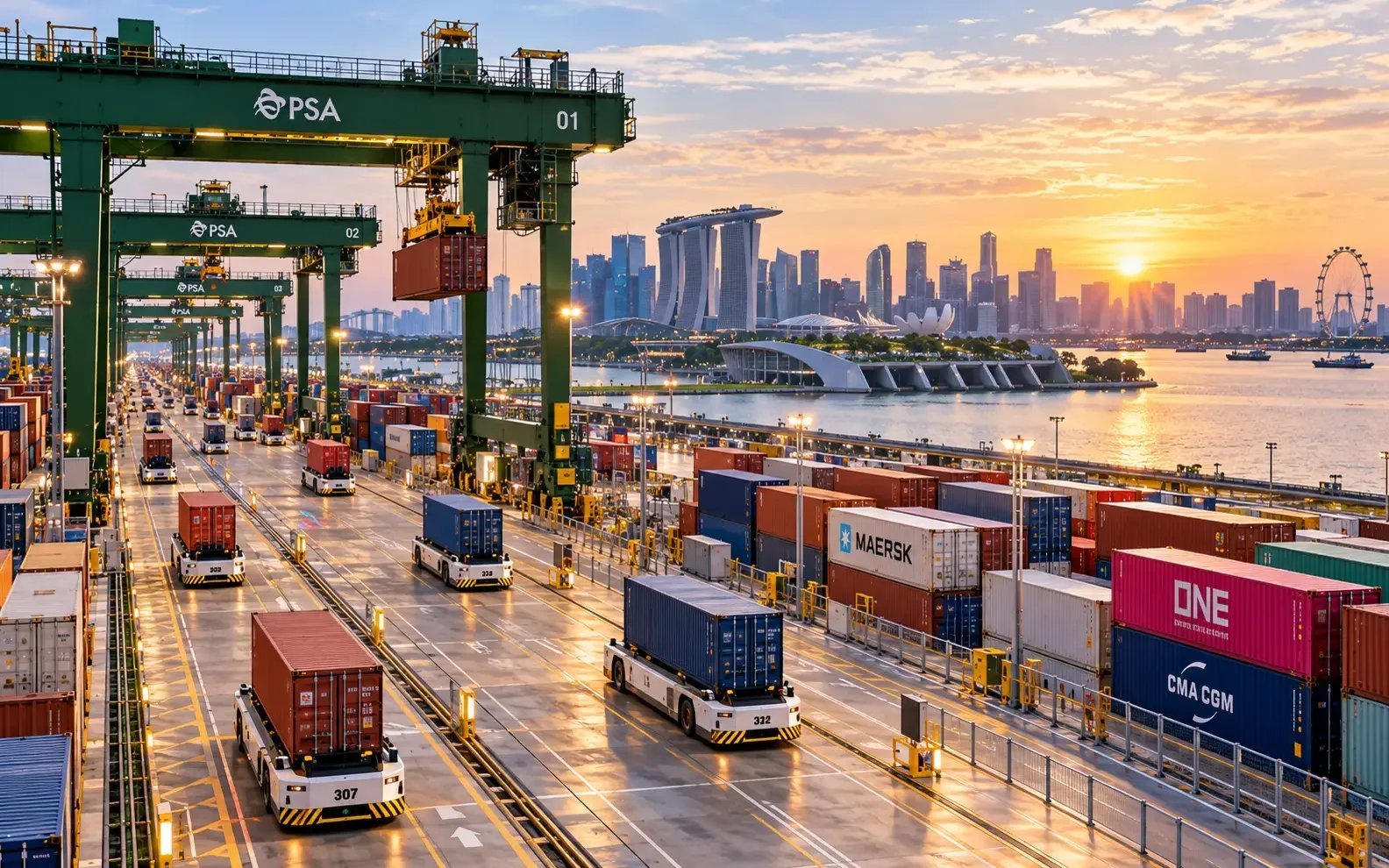 Terminal portuaria automatizada de Singapur con grúas y vehículos AGV al amanecer