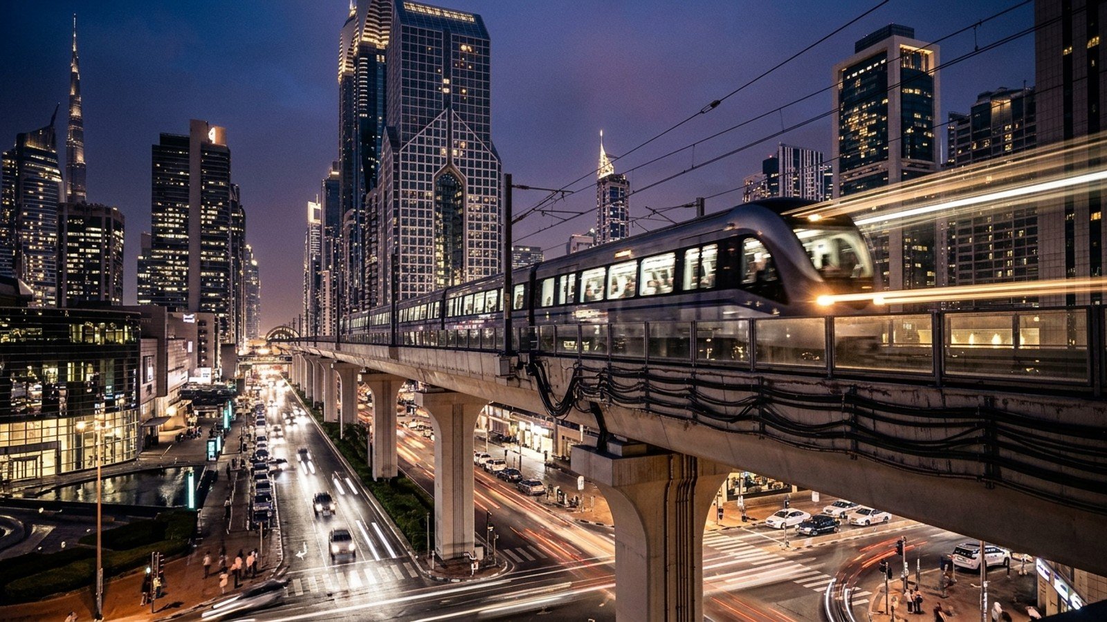 Tren urbano futurista circulando por ciudad inteligente de noche