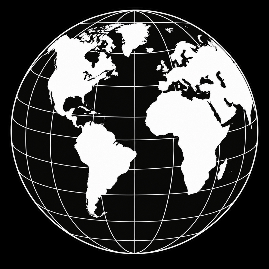 Globo terráqueo en blanco y negro con los continentes y una cuadrícula de meridianos y paralelos
